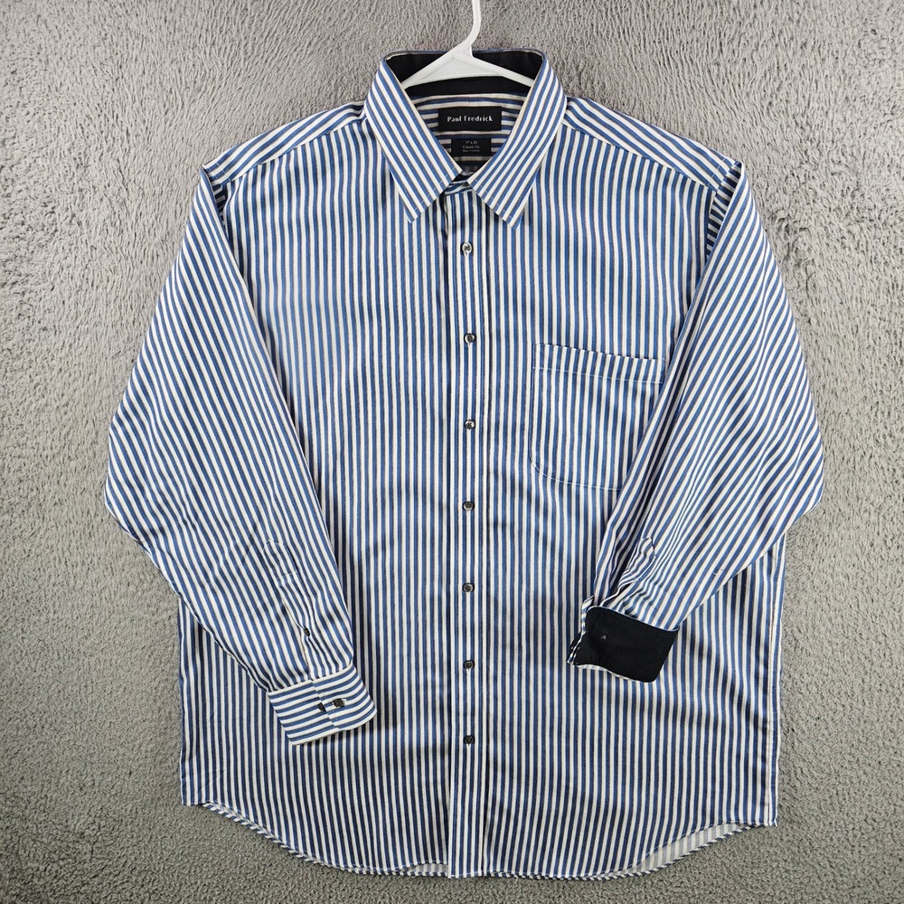 Paul Fredrick Mens 17 x 33 Dress Shirt Blue White Stripe Non-Iron Cotton Classic